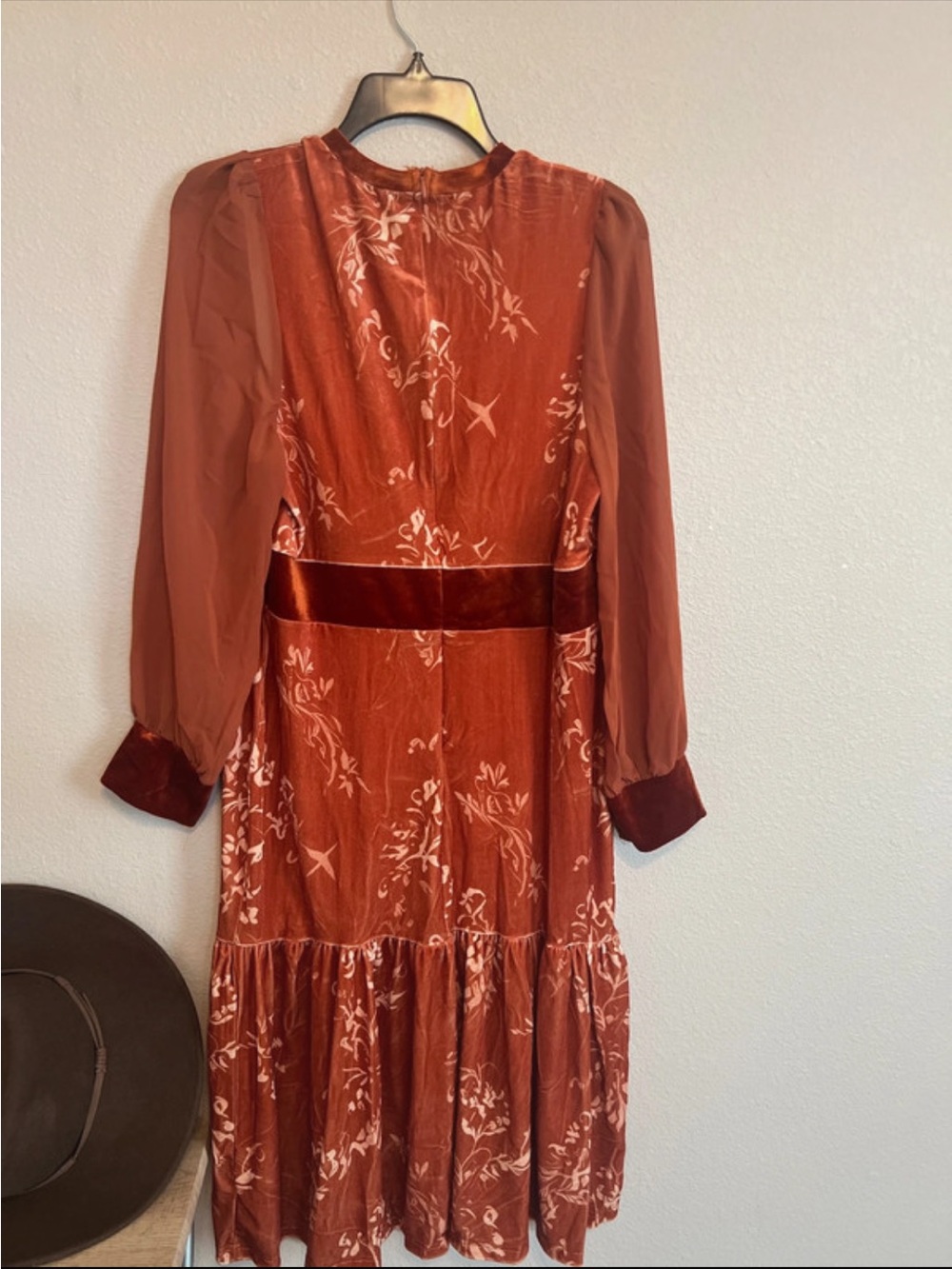Rust Floral Velvet-Trim Midi Dress